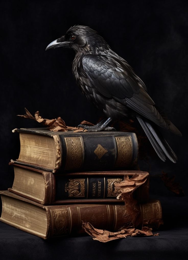 Perfect Black Crow Sitting On Old Books